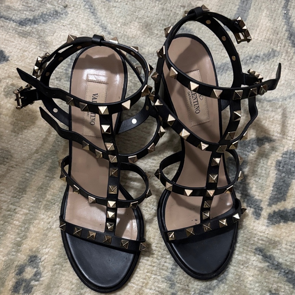 Valentino Black Leather Rockstud Multi-Strap Heels